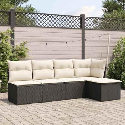 5-delige Loungeset met kussens poly rattan zwart