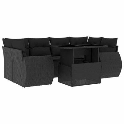 7-delige Loungeset met kussens poly rattan zwart - thumbnail