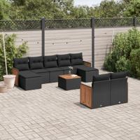 10-delige Loungeset met kussens poly rattan zwart - thumbnail