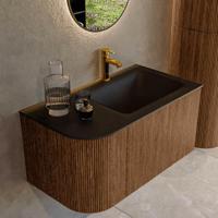 Mondiaz KURVE 85 cm Onderkast Greeploos 1 Lade Met Deuren Walnut, Wastafel Solid Surface Rechts Urban 1 Kraangat Zonder Spiegel (KRVCLO85L1L1D1KR-Wal/Urb) - thumbnail