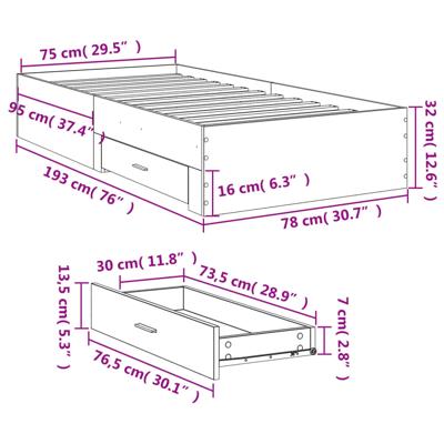 Bedframe met lades bewerkt hout grijs sonoma eiken 75x190 cm