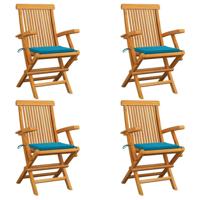 Tuinstoelen 4 st met blauwe kussens massief teakhout - thumbnail
