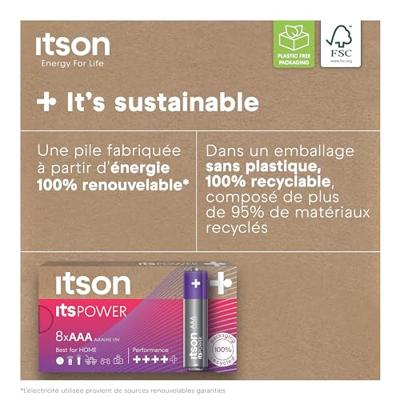 ITSON, AAA alkalinebatterijen, verpakking van 8 stuks, voor klokken, zaklampen, afstandsbedieningen, LR03IPO/8CB