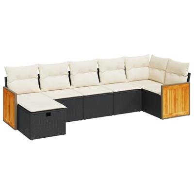 7-delige Loungeset met kussens poly rattan zwart