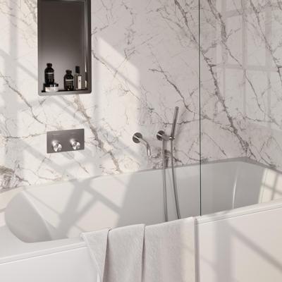 Brauer Brushed Carving Thermostatische Inbouw Badkraan Drukknoppen - Uitloop - Staaf - Doucheslang - Wandaansluitbocht - Handdouche - Rvs Geborsteld Pvd