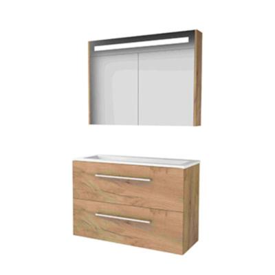 Basic-Line Premium 39 Badkamermeubelset - Ondiep - 100 x 39 cm - Met Grepen - 2 Lades - Acryl Wastafel - Zonder Kraangat - Spiegelkast met LED Verlichting - Whisky Oak