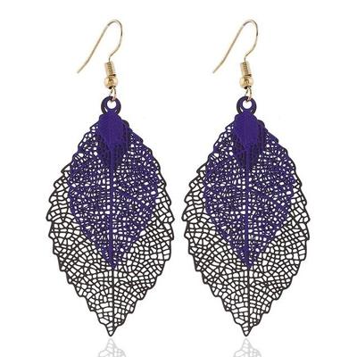 Dubbelgelaagd bladeren Tassel Earrings eenvoudige Retro metalen blad-oren ornamenten (zwart paars)