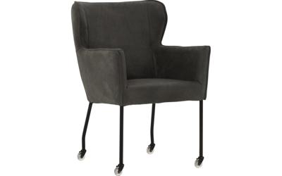 Goossens Excellent Eetkamerstoel Leogang zwart leer met armleuning en met wielen, elegant chic