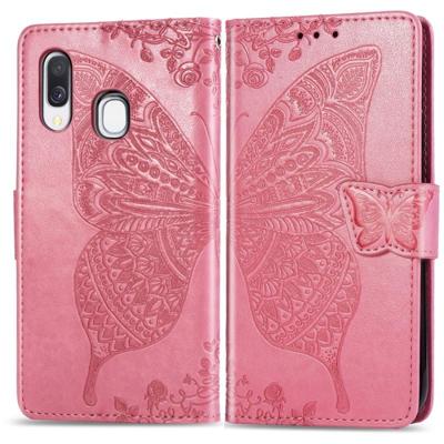 Vlinder liefde bloemen reliëf horizontale Flip lederen case voor Galaxy A40 met houder & card slots & portemonnee & Lanyard (roze)