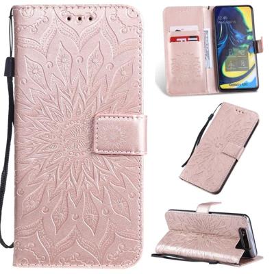 Gedrukt afdrukken zonnebloem patroon horizontale Flip PU lederen case voor Galaxy A80 met houder & kaartsleuven & portemonnee & Lanyard (Rose goud)