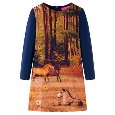 Kinderjurk met lange mouwen paardenprint 104 marineblauw