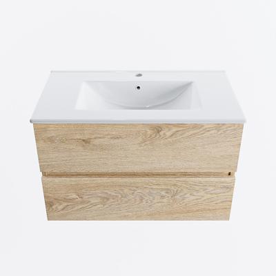 MONDIAZ VICA 80cm badmeubel onderkast Washed Oak 2 lades. Wastafel DENIA midden 1 kraangat, kleur Glanzend Wit.