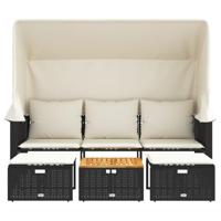 Tuinbank 3-zits met luifel en voetenbanken poly rattan zwart - thumbnail