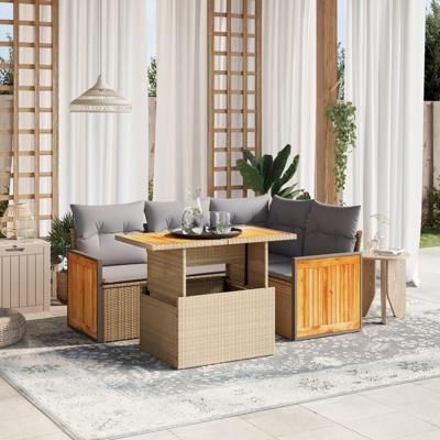5-delige Loungeset met kussens poly rattan beige