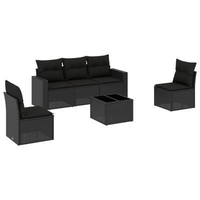 6-delige Loungeset met kussens poly rattan zwart