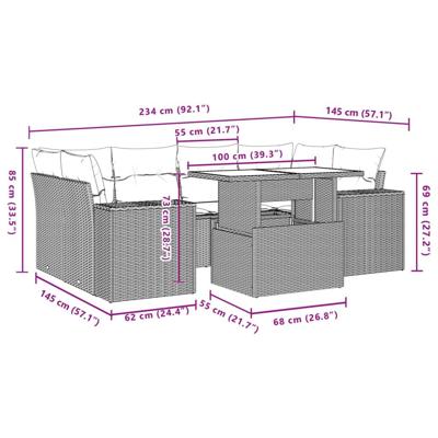 7-delige Loungeset met kussens poly rattan zwart