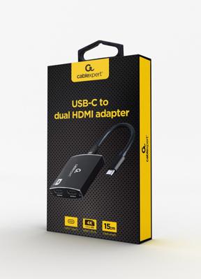 USB-C naar dubbele HDMI adapter, 4K 60Hz, zwart