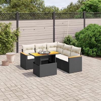 6-delige Loungeset met kussens poly rattan zwart