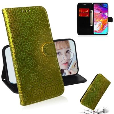 Voor Galaxy A70 effen kleur kleurrijke magnetische Buckle horizontale Flip PU lederen draagtas met houder & kaartsleuven & portemonnee & Lanyard (goud