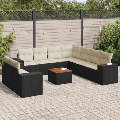 10-delige Loungeset met kussens poly rattan zwart