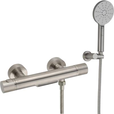 Ben Engraved Line thermostatische badkraan met 3 straalsoorten handdouche en watervaluitloop RVS-look