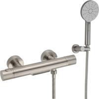 Ben Engraved Line thermostatische badkraan met 3 straalsoorten handdouche en watervaluitloop RVS-look - thumbnail