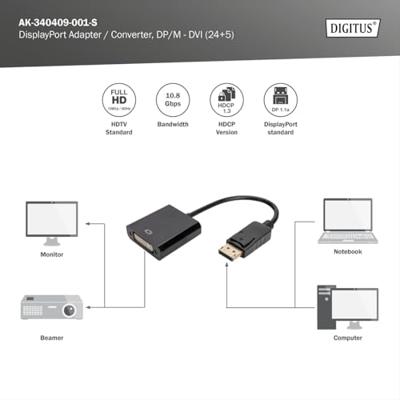 Digitus AK-340409-001-S DisplayPort / DVI Adapter [1x DisplayPort stekker - 1x DVI-bus 24+5-polig] Zwart 15.00 cm