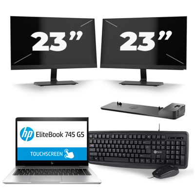 HP EliteBook 745 G5 - AMD Ryzen 5 2500U - 14 inch - 8GB RAM - 256GB SSD - Windows 10 + 2x 23 inch Monitor HP EliteBook 745 G5 - AMD Ryzen 5 2500U - 14 inch - 8GB RAM - 256GB SSD - Windows 10 + 2x 23 inch Monitor