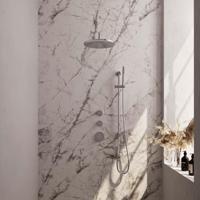 Chrome Edition thermostatische inbouw regendouche SET 16 - 30 cm douchekop, gebogen muurarm, staaf handdouche, doucheslang & geïntegreerde glijstang chroom - thumbnail