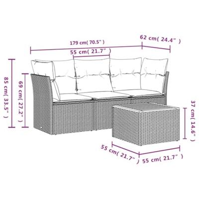 4-delige Loungeset met kussens poly rattan zwart