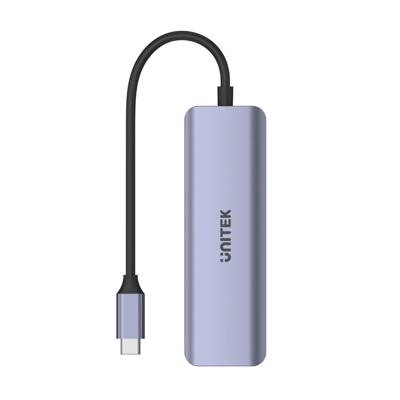 UNITEK Aluminium 4-in-1 USB 3.2 Gen1 gegevensoverdracht 5 Gbps geïntegreerde kabel 15 cm met USB-C stekker 4 poorten 2xUSB-C 2xUSB-A plug and play kleur space grijs aanbevolen voor Macbooks