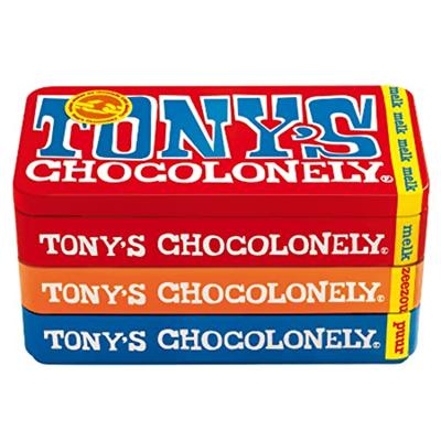 Chocolade Tony's Chocolonely puur-melk en karamel zeezout blik 540gr | 8 stuks Chocolade Tony's Chocolonely puur-melk en karamel zeezout blik 540gr | 8 stuks