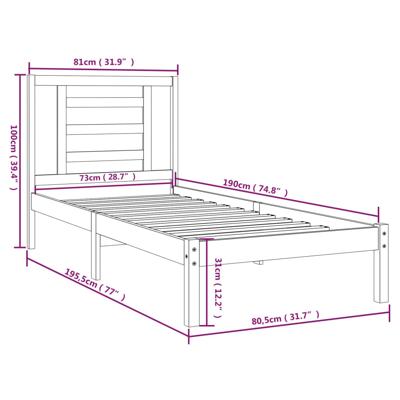 Bedframe massief hout wit 75x190 cm