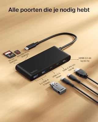 Belkin USB C Hub, 7-poorts USB C Adaptor voor 4K@60Hz HDMI Display, SD + MicroSD, 100W PD, Snelle Gegevensoverdracht (5Gbps), meerpoorts USB Hub - voor MacBook, iPad Pro, Chromebook - HDMI 2.0 - Zwart