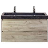 Dante Badmeubelset 100 cm - Craft Oak - Wastafel Hardsteen Wit Lucca 2 Kraangaten - thumbnail