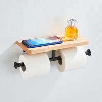 Saniclear Lumber dubbele toilet rolhouder met plank mat zwart walnoothout - thumbnail