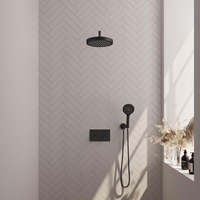 Brauer Stripe thermostatische inbouw regendouche met drukknoppen SET 29 met 25 cm douchekop en gebogen muurarm en 3-standen handdouche en doucheslang en wandaansluitbocht mat zwart