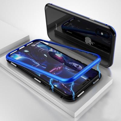 Ultra slanke magnetische adsorptie metalen frame gehard glas magneet flip case voor iPhone X/XS (zwart + blauw)