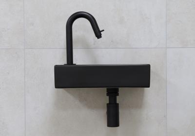 Mueller Mini Rhea zwarte fonteinset met gebogen fonteinkraan links in de kleur zwart Mueller Mini Rhea zwarte fonteinset met gebogen fonteinkraan links in de kleur zwart