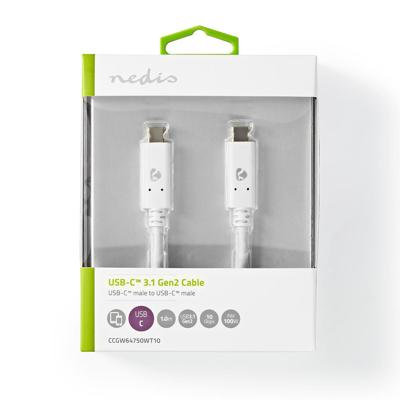 Nedis USB-C naar USB-C kabel met E-Marker chip - USB3.2 (tot 10 Gbit/s) - PD tot 20V/5A - video tot 4K 60Hz / wit - 1 meter
