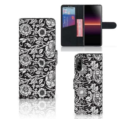 Sony Xperia L4 Hoesje Black Flowers | Portemonnee hoesje Sony Xperia L4 Hoesje Black Flowers | Portemonnee hoesje