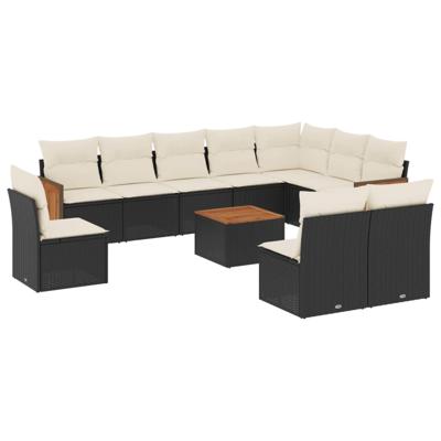 10-delige Loungeset met kussens poly rattan zwart - thumbnail