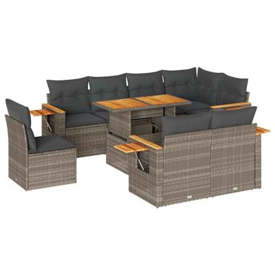 9-delige Loungeset met kussens poly rattan acacia grijs