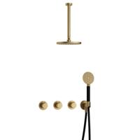 Hotbath Cobber - CB7067 - Inbouw Regendoucheset - Geborsteld Messing - 2 Stopkranen - Thermostatisch - Plafondbuis 30 cm - Hoofddouche 200 mm - Ronde Handdouche 3 Standen - Waterbesparend - thumbnail