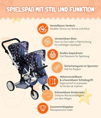 Tweeling Poppenwagen Linus Duo -Melange Antraciet Roze - thumbnail