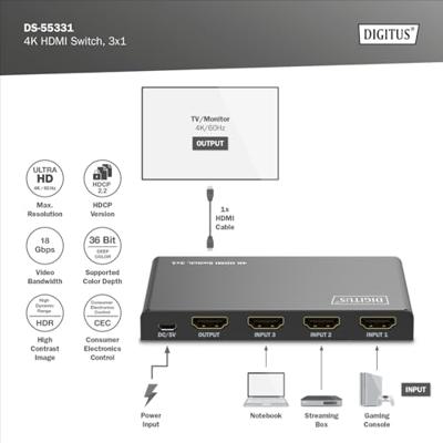 Digitus DS-55331 HDMI-switch 3 + 1 poorten LED-weergave, Met afstandsbediening, Ultra HD-geschikt, Met metalen behuizing, Individueel schakelbaar, Met Digitus DS-55331 HDMI-switch 3 + 1 poorten LED-weergave, Met afstandsbediening, Ultra HD-geschikt, Met metalen behuizing, Individueel schakelbaar, Met