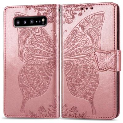 Butterfly Love bloemen reliëf horizontale Flip lederen case voor Galaxy S10 5G met houder & kaartsleuven & portemonnee & Lanyard (Rose goud)