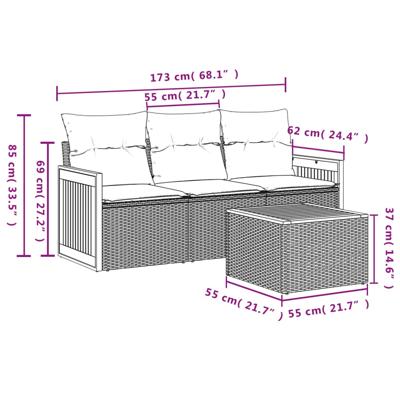 3-delige Loungeset met kussens poly rattan zwart - thumbnail