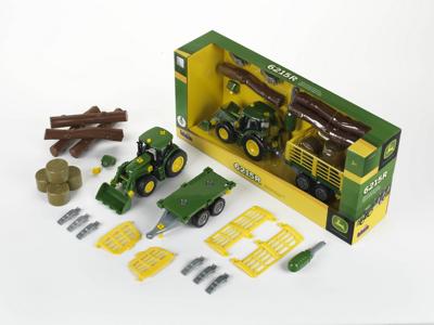 Theo Klein John Deere tractor met hout- en hooiwagen