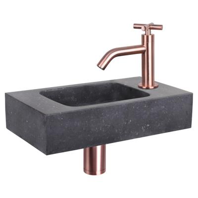 Differnz Force fonteinset - 40x22x9cm - Rechthoek - 1 kraangat - Gebogen rose koper kraan - kruisgreep - Natuursteen Zwart 38.400.45